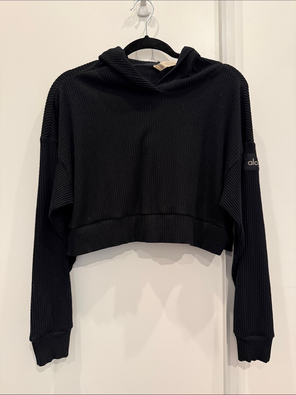 ALO Yoga Black Ribbed Cropped Hoodie